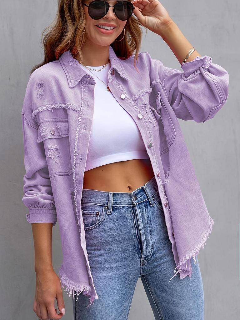 Women's Ripped Denim Jacket - Solid Color, Loose Fit, Long Sleeve, European & American Style