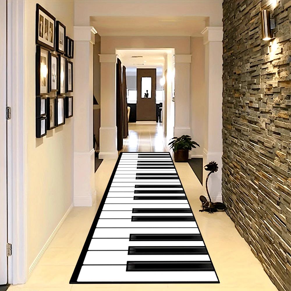 Non-Slip Carpet for Bathroom, Kitchen & Corridor, Music Theme, Piano Keyboard Pattern, Durable Stain Resistant Decorative Floor