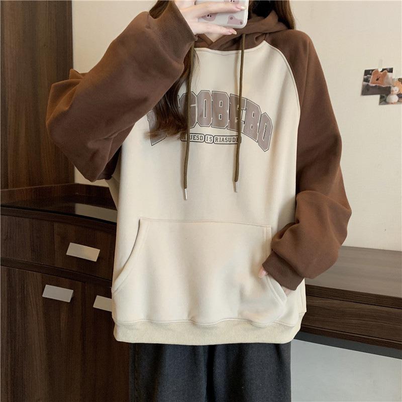 Real shot contrasting color plugs long-sleeved hooded sweater women s thin loose student jacket M 3390₽