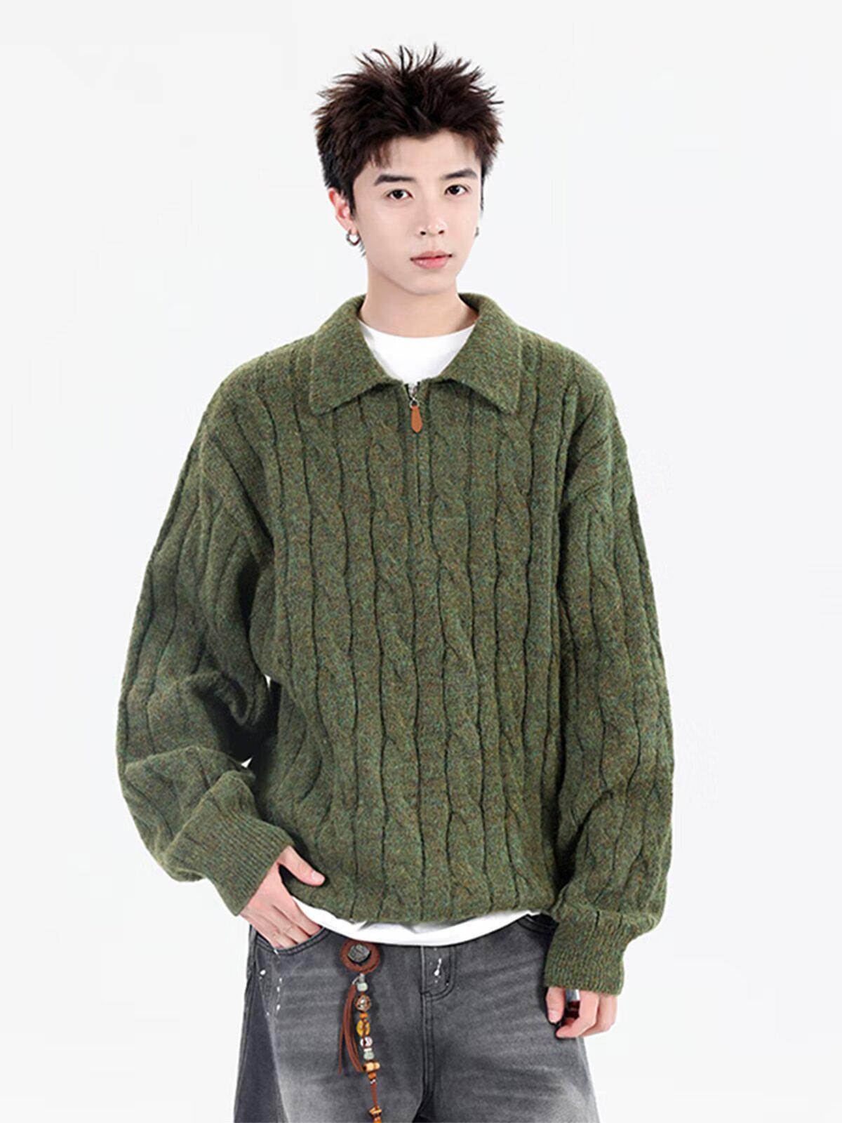 

Unisex Retro Half-Zip Cable Knit Sweater Coat - Autumn Old Money Style Pullover XXXL зелений
