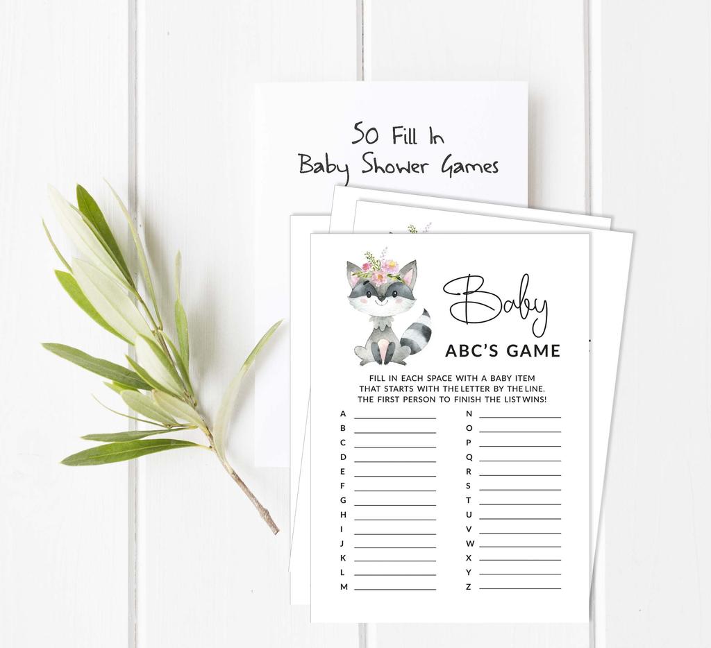 Inkdotpot Floral Raccoon Baby Shower Game Set Of 50 BabyA  AlphabetA  ABCA  Game Gender Neutral Party