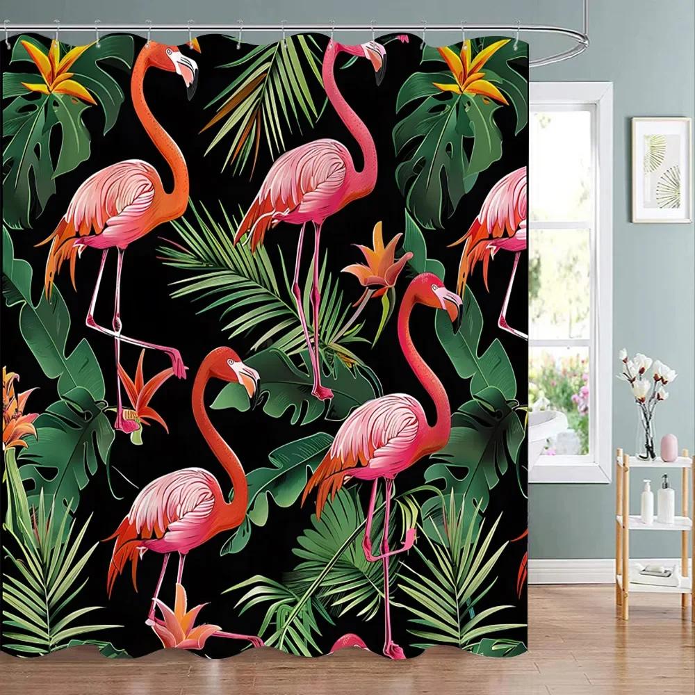 Tropische Pflanze Papagei Duschvorhang Aquarell Monstera Palmenblatt Vögel Rosa Floral Grüne Blätter Badezimmer Vorhänge Heimdekoration