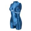 Luminous Illusion High Neck Bodysuit Swimsuit Silky Material Glossy Sleeveless Mesh Panel Short Type Upgrade [LEOHEX] (Blue, L)