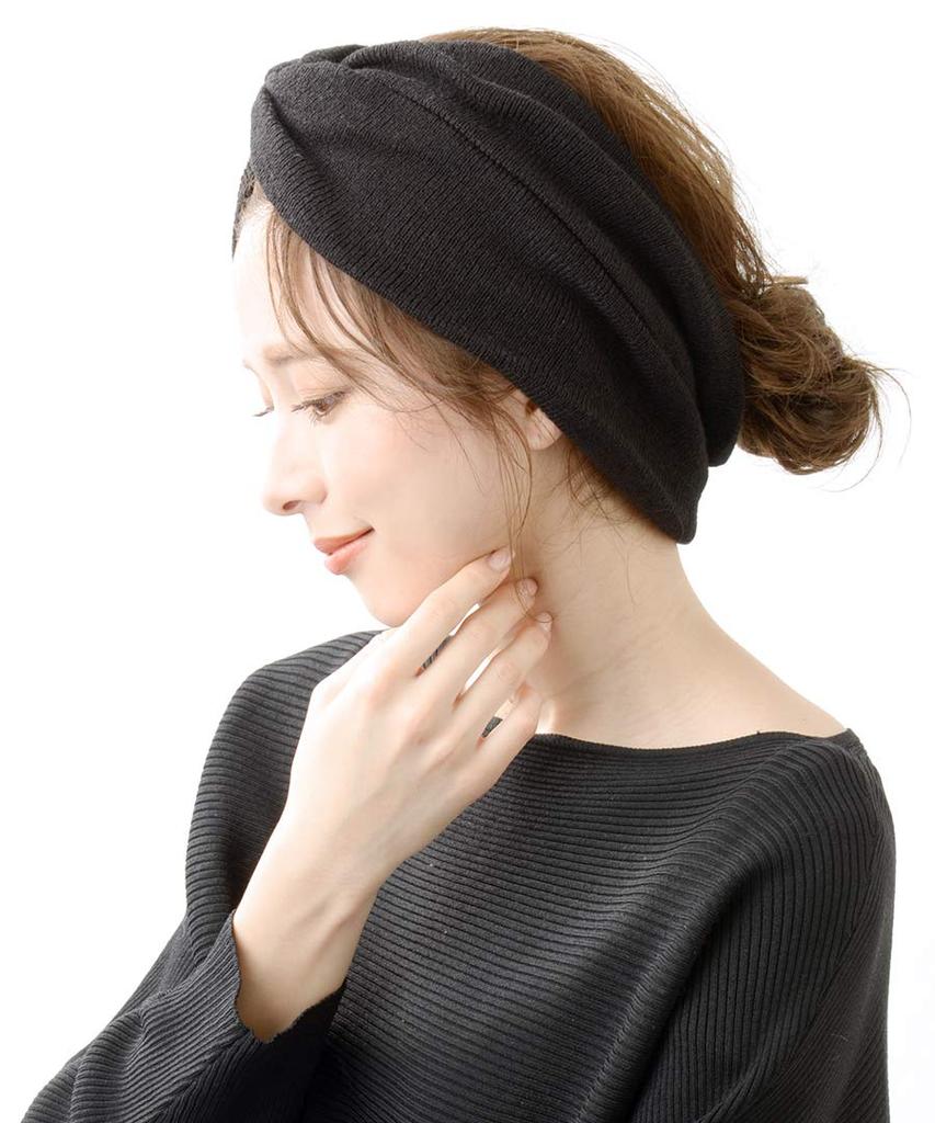 VINGTAINE Plain Wide Knit Mature Black Headband, Turban, Casual, Style, HB-107-BK-