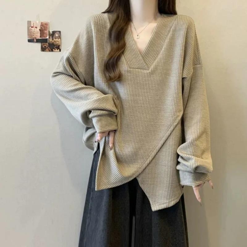 

V-neck Loose Irregular Splicing Mid-length Casual and Versatile Long-sleeved Sweatshirt for Women L бежевый