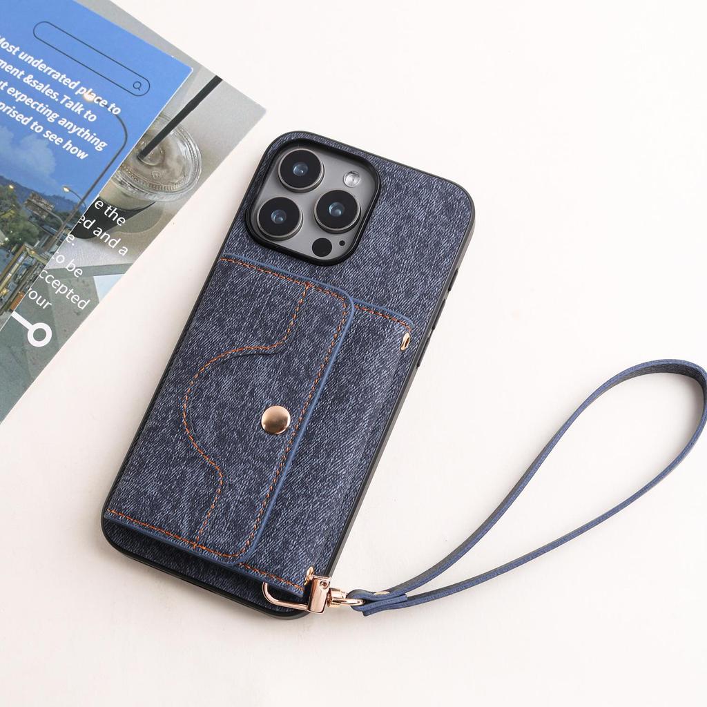 IPhone 17 Hülle: Kompatibel mit Apple 16 Pro Max, 15, 14 - Denim-Textur mit Armband-Kartenhalter