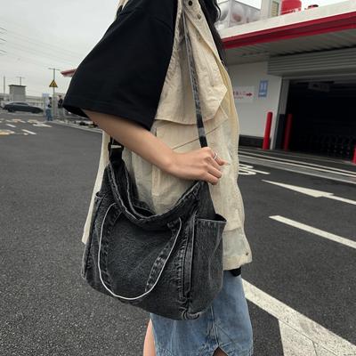 Canvas Denim Bag Women'S Hong Kong Style Tooling Messenger Bag Simple Large Capacity Shoulder Bag Student Commuter Bag Mail Carrier Bag Men