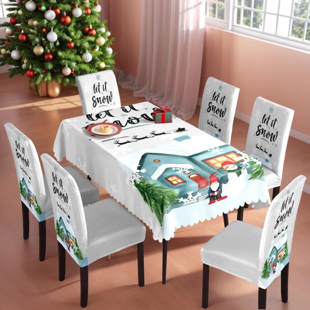 Christmas Printed Tablecloth Stretch Chair Covers Waterproof Dustproof Dining Set for Home Holiday Decor