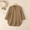 ZANZEA Women Casual V-Neck Solid Color Loose 3/4 Sleeve Cotton Blouse