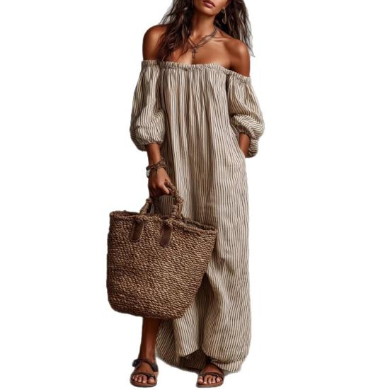 Women s Off Shoulder Maxi Dress Striped Puff 3/4 Sleeve Long Dress Summer Beach Vacation Sundress with Pockets M хаки