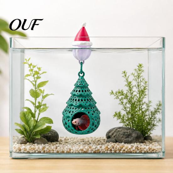 Fish Tank Christmas Tree Ornament Aquarium Floating Hideout Ornament, Shrimp Cave Shelter with for Freshwater Tanks Santa Hat Float, Hiding