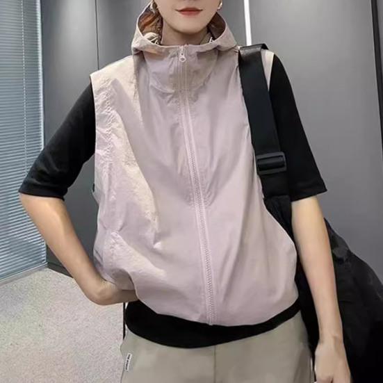 Women Ves Hooded Cardigan Sleeveless Drawstring Loose Sun Hem Solid Color Zipper Closure Protection Casual Sports