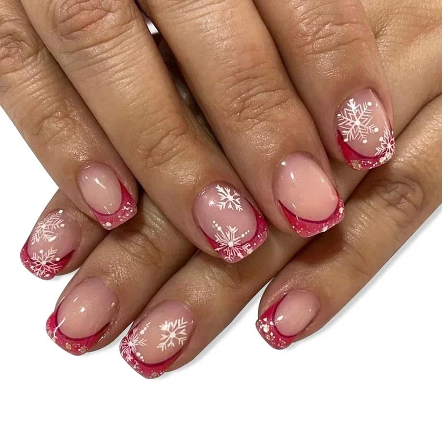 BEPAN 24Pcs Green Santa Press On Nails Short Glossy Square Full Cover Fake Nail Tips Christmas Tree with Glitter False Nail Festival