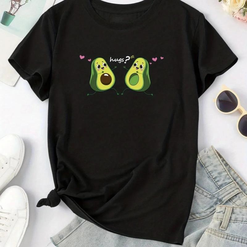 Camiseta Con Estampado De Aguacates Y Abrazos, Casual, Cuell S
