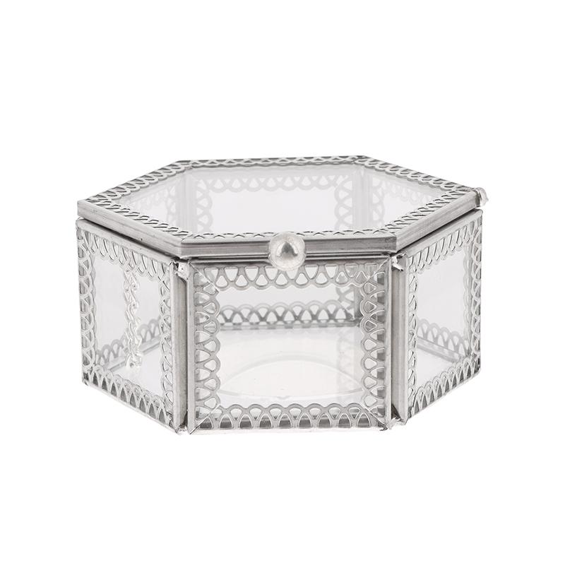 Hexagon Transparent Glass Storage Box Jewelry Ring Earring Beads Coins Display Case Keepsake Organizer Tabletop Container