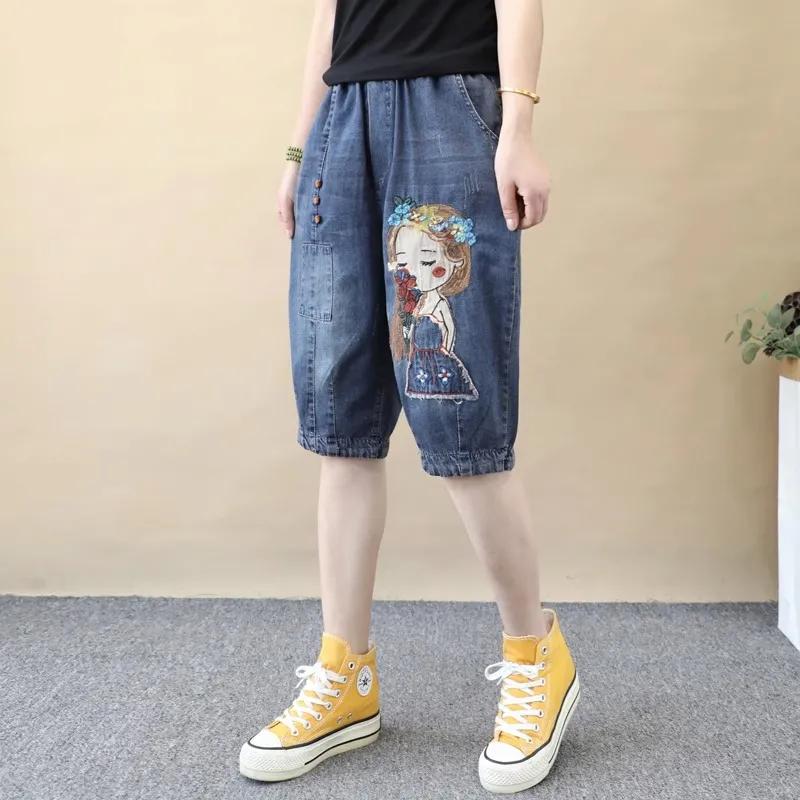 Women's Summer Korean-Style Elastic Waist Large-Pocket Denim Shorts - Loose-Fit Slimming Wide-Leg Pants