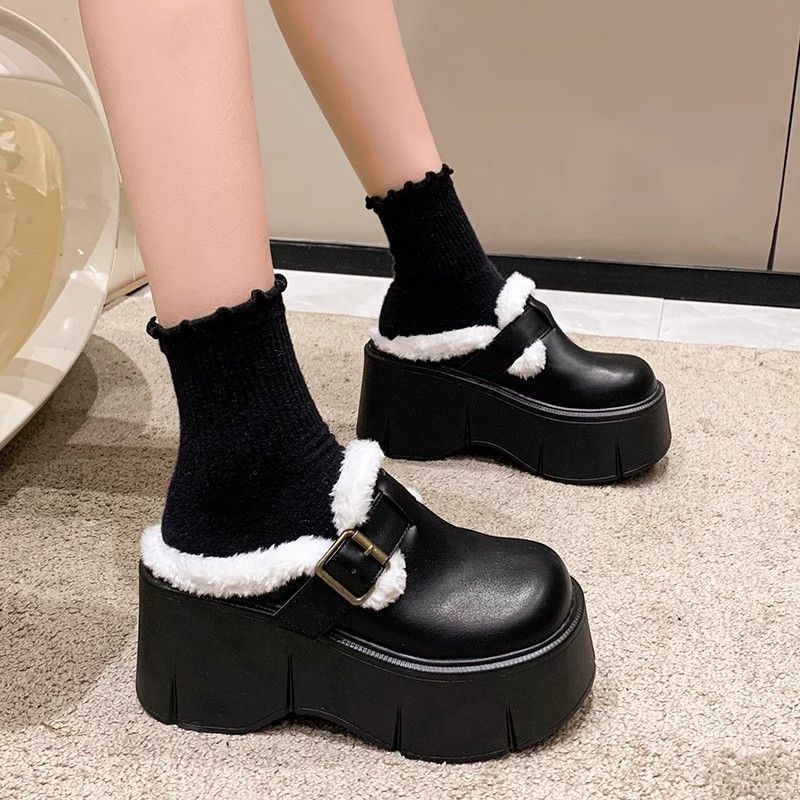 Thick-bottomed Velvet Semi-slippers, Winter Wool Mouth Belt Buckle Heightened Baotou Loose Leather Surface, Outside Wear Cake British Style Slippers 