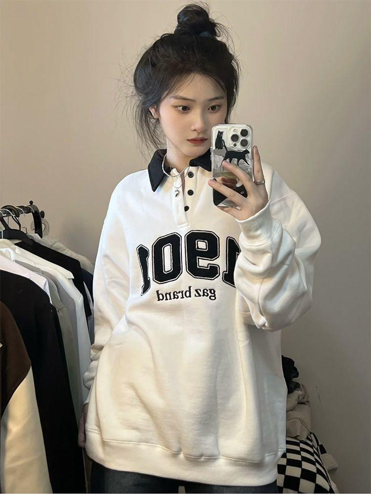 Japanese Harajuku Thin Lapel Sweatshirt: Women's Loose Korean-style Polo Collar Top