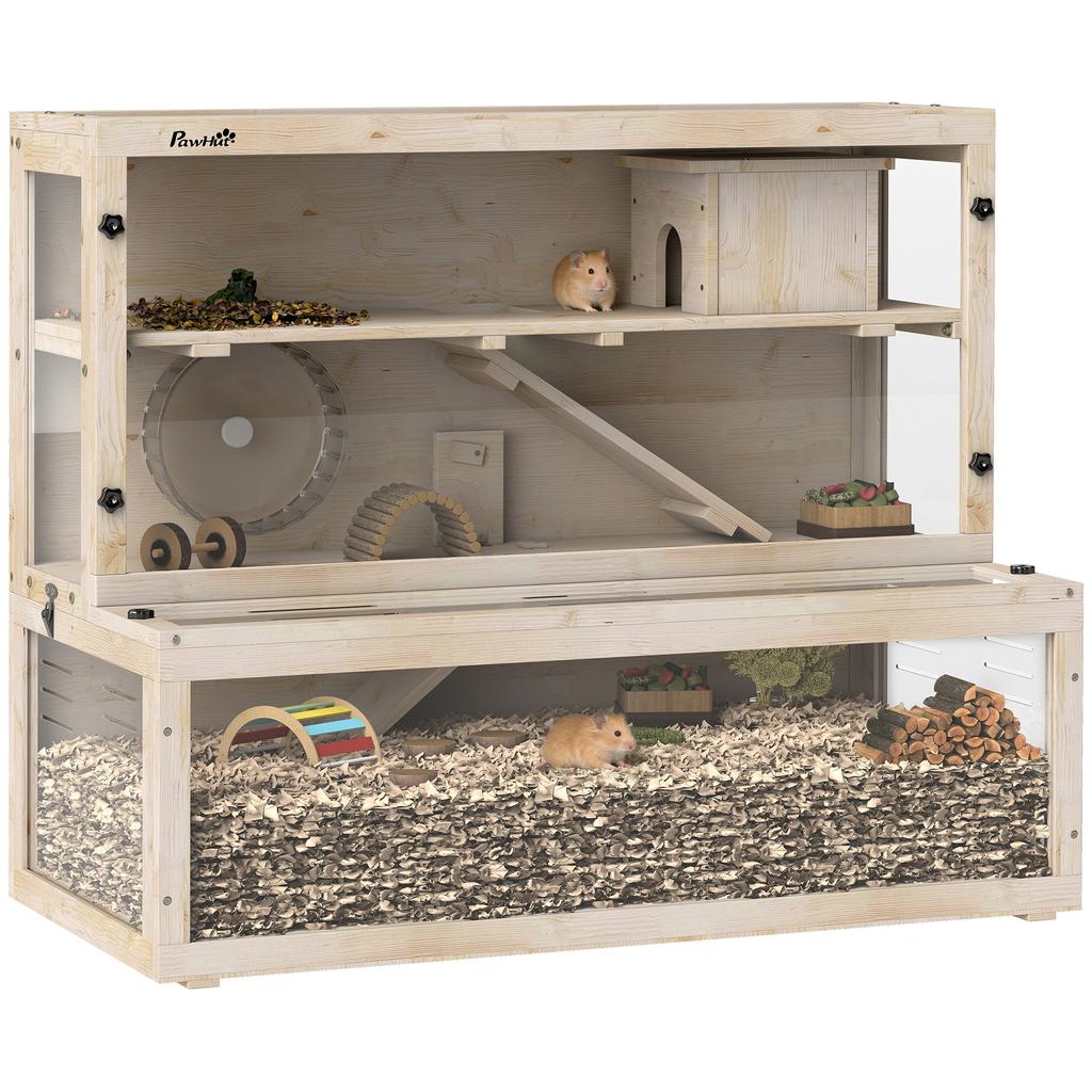 Gabbia per Criceti in Legno con Casetta, Ruota, Rampe, Pannelli di Osservazione Rimovibili, 100 x 50 x 84 cm, Legno Naturale