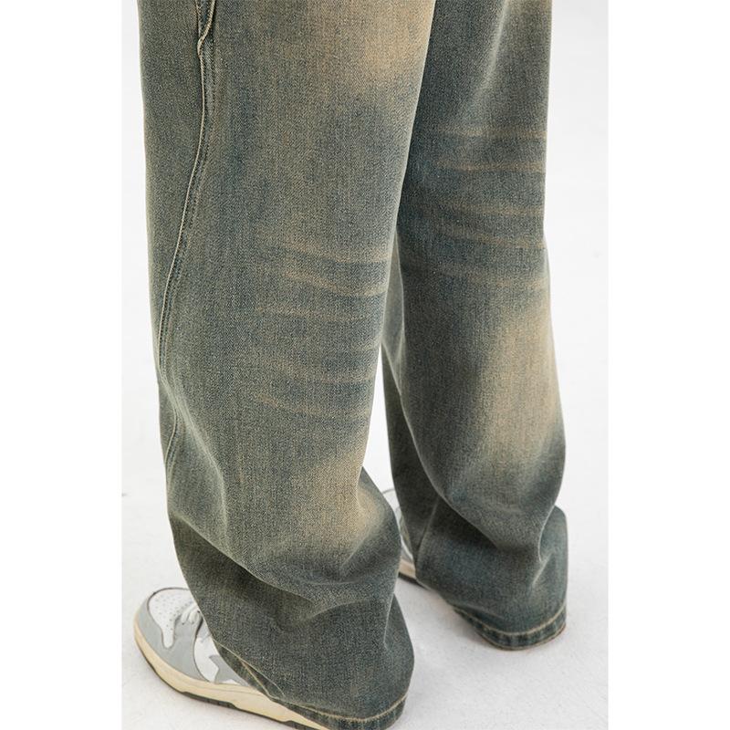 American Style Men's Spring Autumn Patchwork Denim Pants Vintage Loose Casual Trousers Slightly Wide Slimming Long Pants