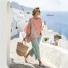 European and American bohemian style women's vacation style retro printing loose new round neck linen casual suit