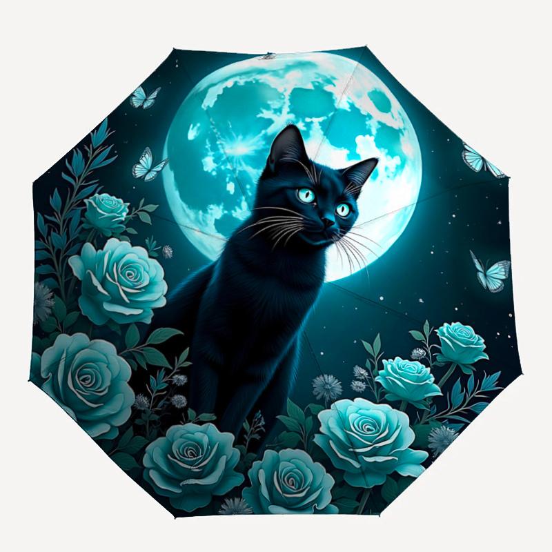 1pc Blue Rose & Butterfly Moonlit Night Automatic Folding Umbrella, 8 Bone Iron Frame, Portable Design for Outdoor Use, Perfect Gift for Fans, Tr