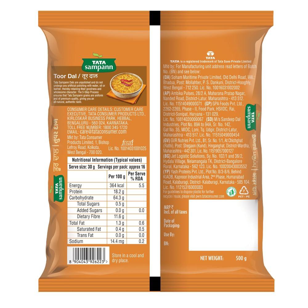 TATA Sampann Unpolished Toor Dal 500g Pack of 1 Premium Quality Whole Arhar Lentils for Cooking