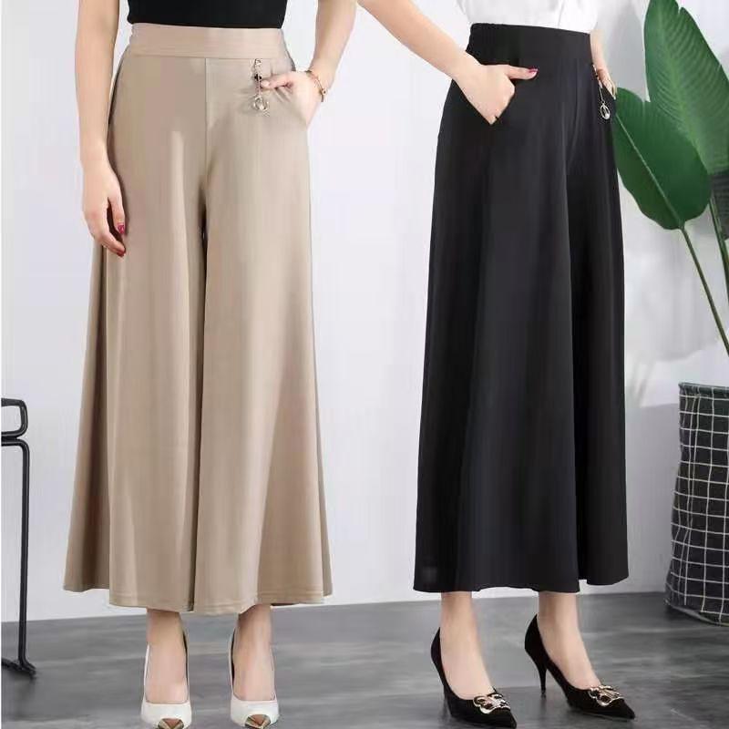Mom's Summer Plus Size Ice Silk Wide Leg Skirt Pants - Elastic Waist Nine-Point Casual Pants for Women