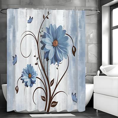 Rustic Farmhouse Shower Curtain, Blue Daisies and Butterflies On Waterproof Fabric, Vintage Blue Floral Shower Curtain with Hook