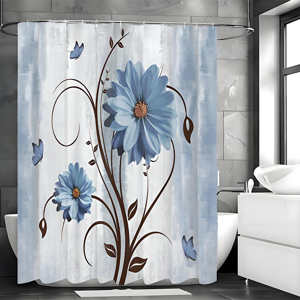 

Деревенская шторка для душа в стиле кантри, Синие ромашки и бабочки на водонепроницаемой ткани, Винтажная синяя цветочная шторка для душа с крючками 90*180cm