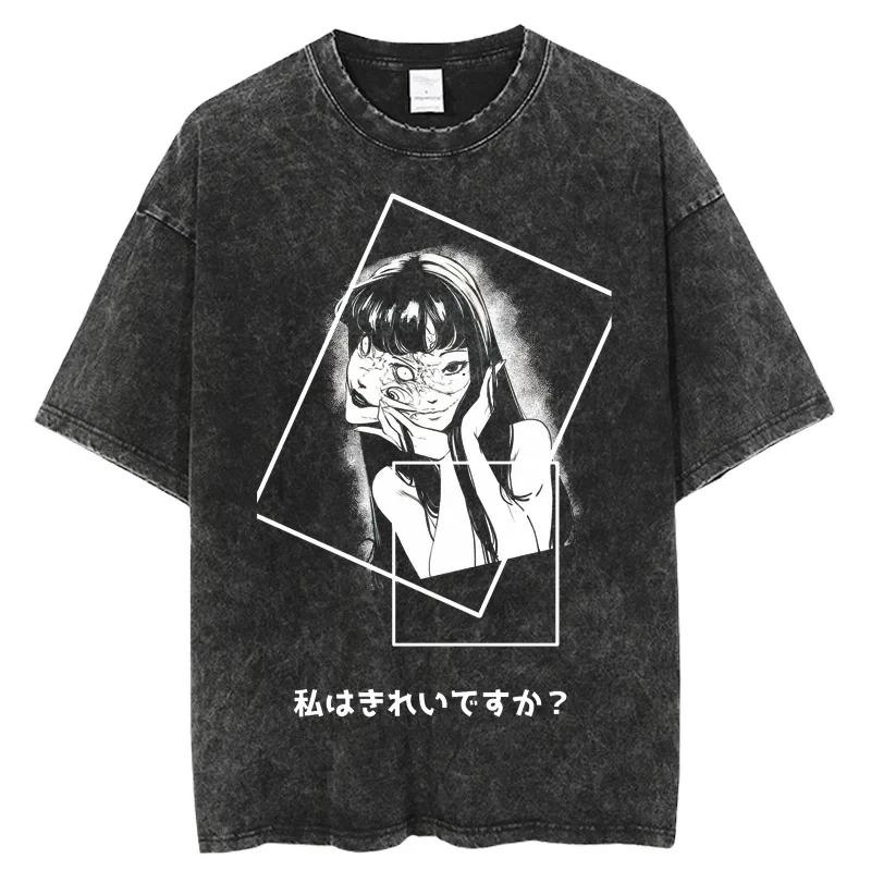 Japonská hororová manga ve stylu Tomie, s grafickým potiskem Acid Wash, unisex, těžká bavlna, oversized, Streetwear tričko