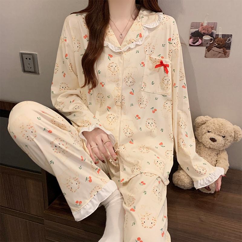 

Spring sweet imitation cotton girl cute lace long-sleeved loungewear pajama set can be worn outside 2XL [Recommended 130-72.5kg]
