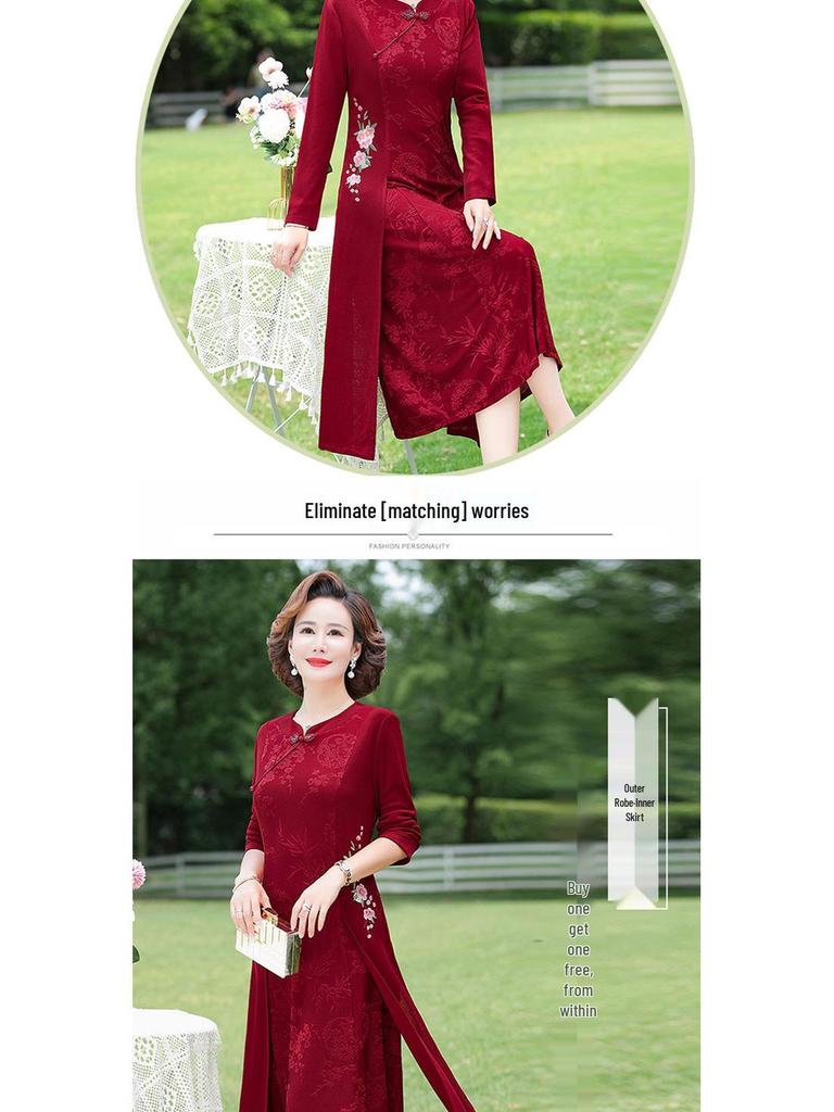 Mamas ethnischer Stil Frühlings-Cheongsam: Elegantes zweiteiliges Hochzeits- und Abendkleid für Frauen mittleren Alters und ältere Frauen