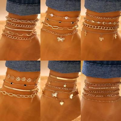 European and American Butterfly and Love Multi-Layer Chain Anklet - Women's Fashion Beach Footwear with Cross Pendant