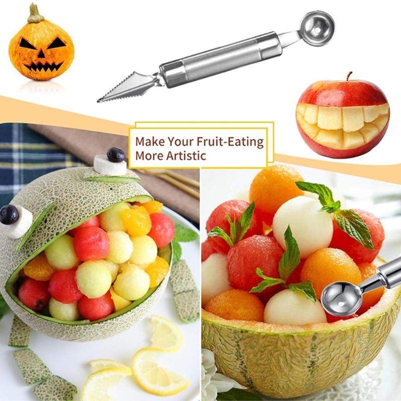 Set di 3 Utensili Professionali in Acciaio per Tagliare la Frutta Include Affettatori per Cubetti di Anguria e Cucchiaio-Forchetta per Palline di Melone