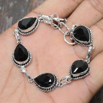 Schwarzer Spinell-Edelstein, handgefertigtes Schmuckarmband aus 925er Sterlingsilber für Frauen