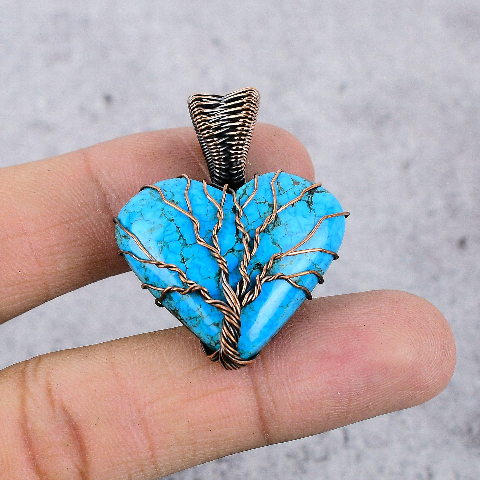 

Tree Of Life Tibetan Turquoise Pendant, 999 Copper Wire Wrapped Gemstone Jewelry, Handmade Pendant, For Thanksgiving 75.99