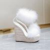Damenschuhe, modisch, Stroh, lässig, elegant, Pelz, Keilabsatz, Feensandalen, Serie 10363, 15 cm Absatz, 5 cm Plattform, LFD