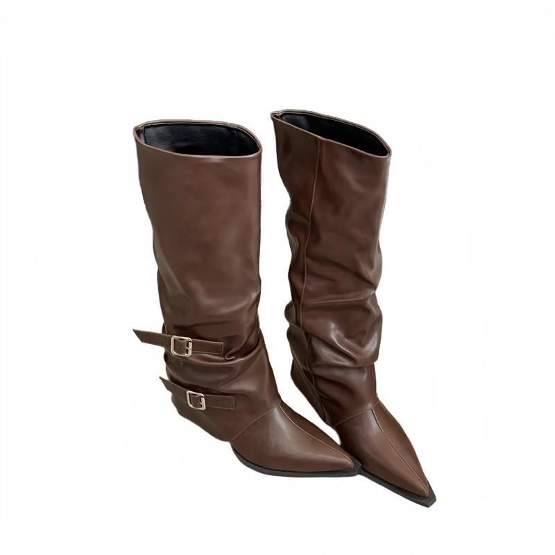 Pointed buckle pleated pile boots women's thick heel 2025 punk style knight boots fried street hot girl high heel boots