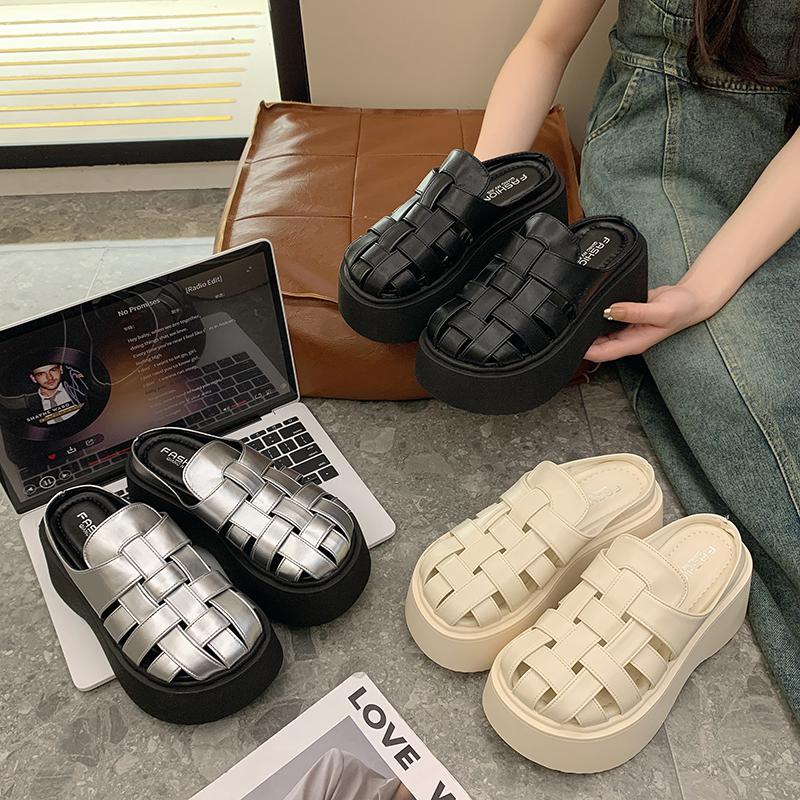 Fashion French Woven Shoes Baotou Slippers Women's Spring and Summer New Fashion Roman Style Thick-soled Hollow Breathable Slippers