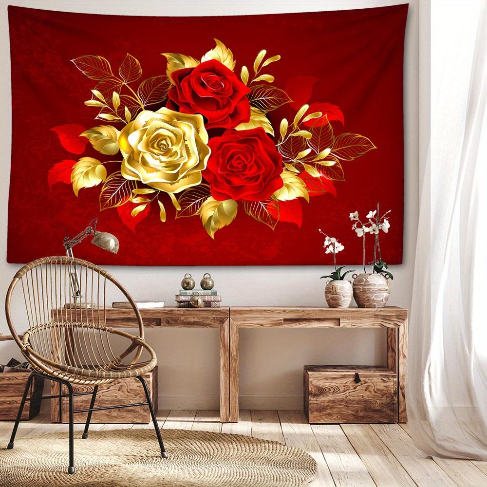 1pc Red and Golden Roses Floral Tapestry Wall Hanging - Polyester Brushed Fabric, Animal Theme, Woven Portrait Orientation, No Electricity Needed, 90g