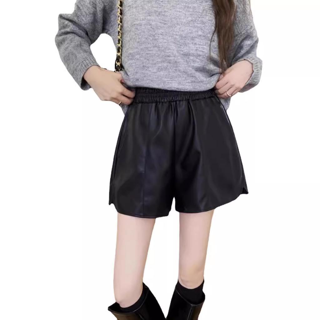 Women's Fall Spring Outer Wear Elastic Waist High Waisted Slimming A-Line Wide Leg PU Leather Shorts Petite Base Pants Mini Shorts