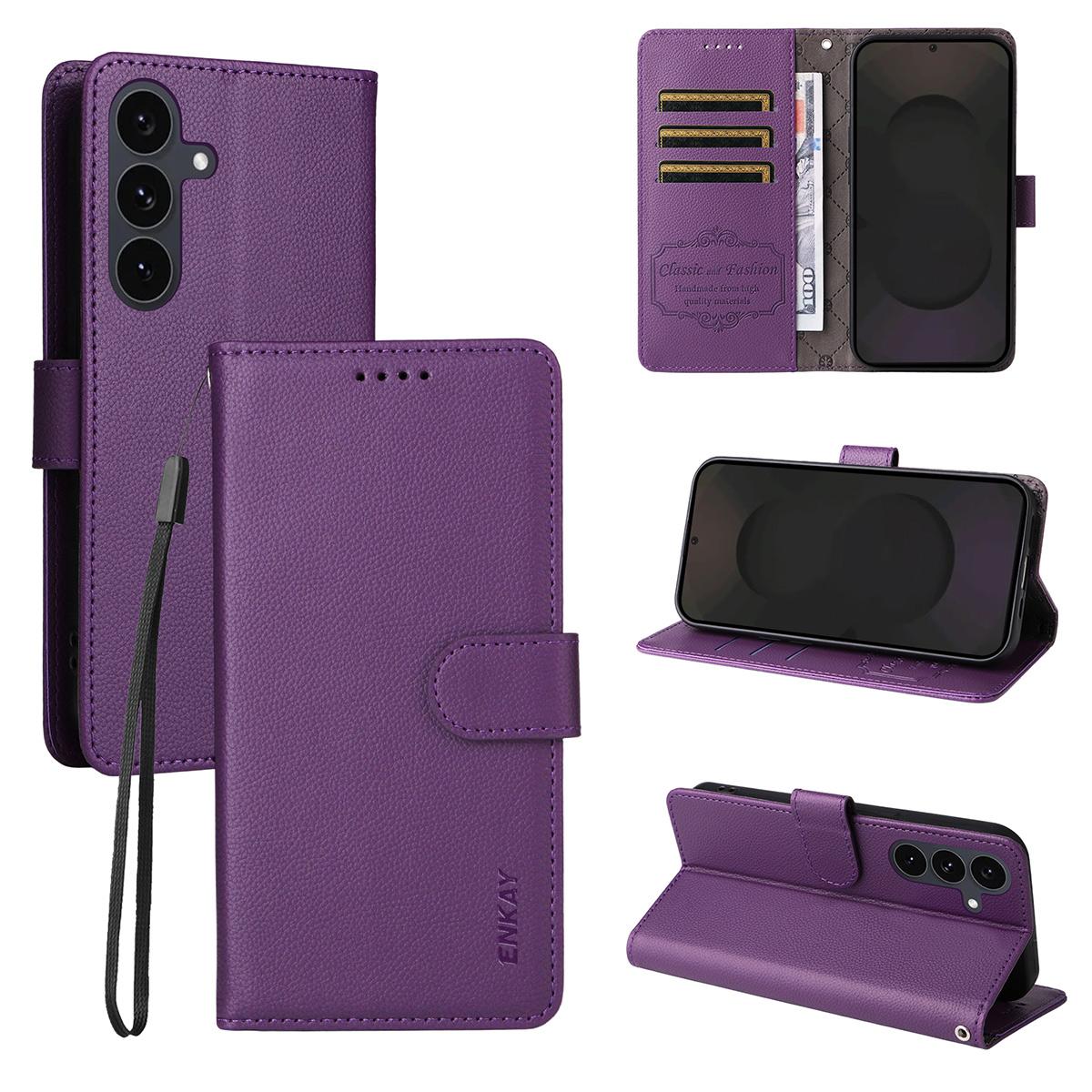 

For Samsung Galaxy S24/Galaxy S25 Wallet Case with Strap ENKAY HAT PRINCE RFID Blocking Leather Stand Phone Cover