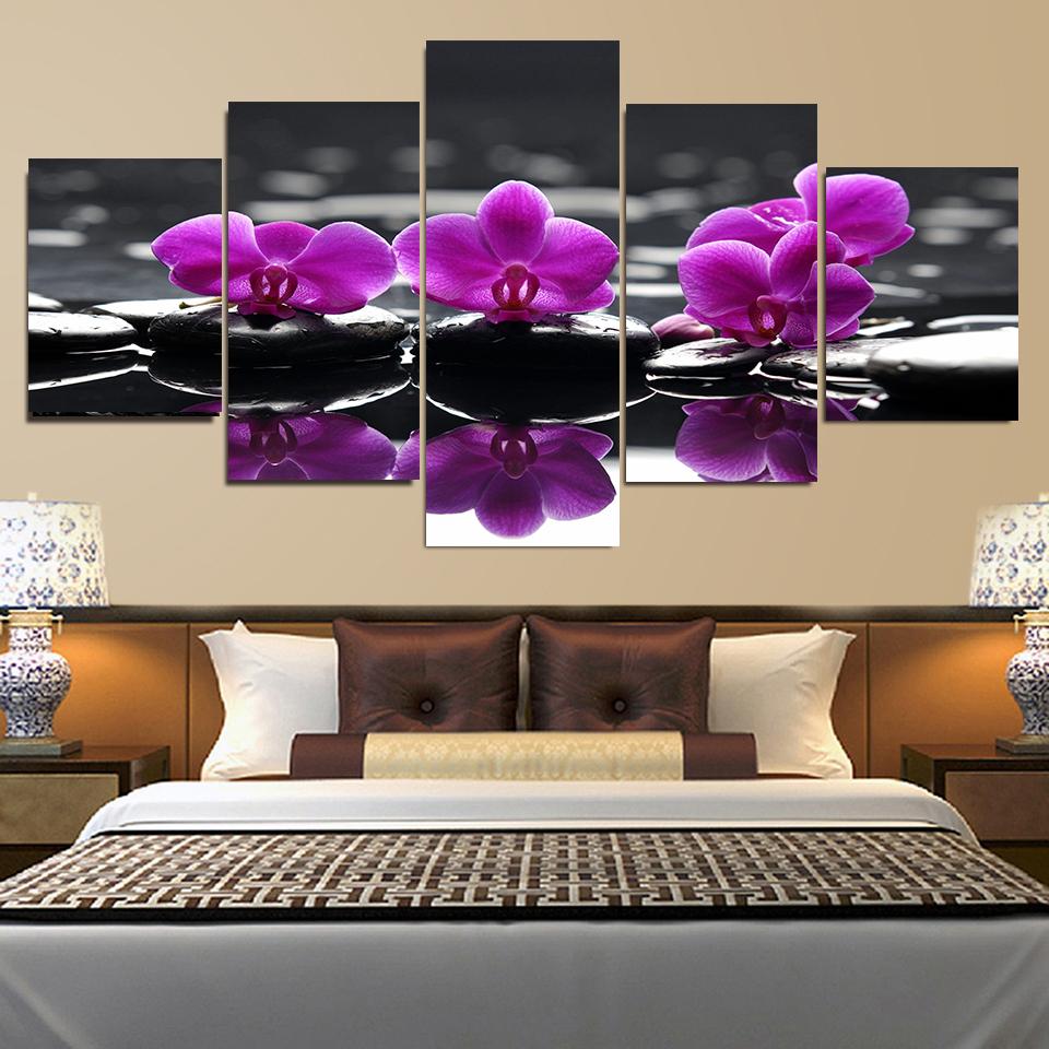5 panelů Zen Stones Purple Butterfly Orchid Malba na plátně Plakáty a obrazy Nástěnné obrazy Obývací pokoj Home Decor Bez rámu
