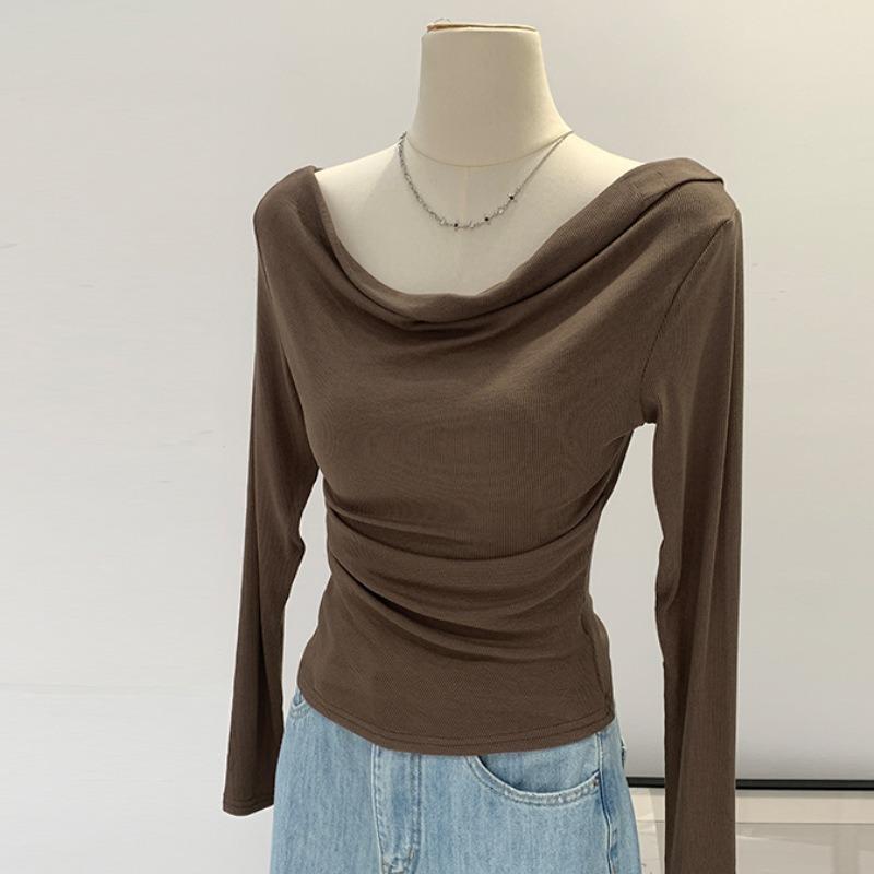 Spring swinging collar leaking collarbone long-sleeved shirt female slim-fit Spice Girl one-word shoulder top bottoming shirt