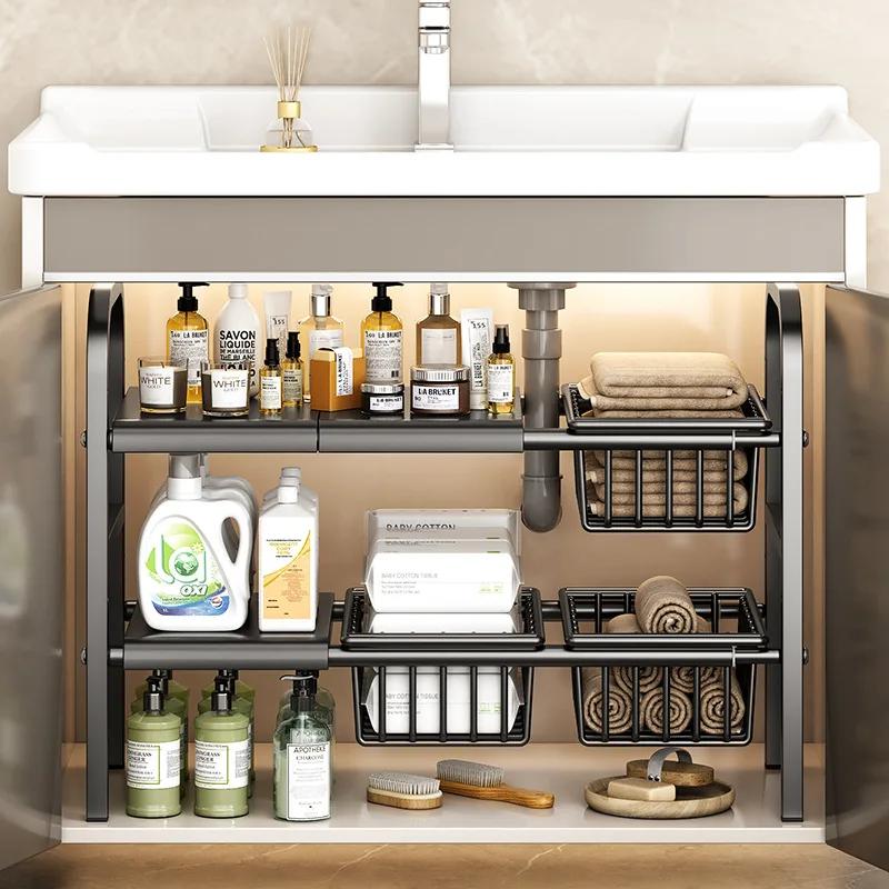 Kitchen Under Sink Adjustable Pot Rack Multifunctional Dish Pans Snacks Cookware Storage Rack Countertop Cabinet Storage Basket