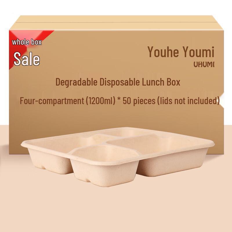 YOHOYOMI 4-Fächer 1200ml Abbaubare Einweg-Mahlzeitbehälter (50 Stück, ohne Deckel)
