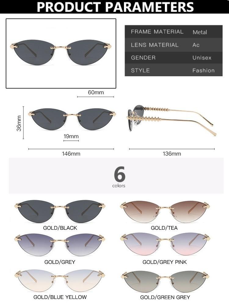Occhiali da Sole Cat Eye alla Moda Trendy Retrò Donna Lusso Designer Stile Vintage Chic Senza Montatura Metallo Piccoli Triangolari Occhiali
