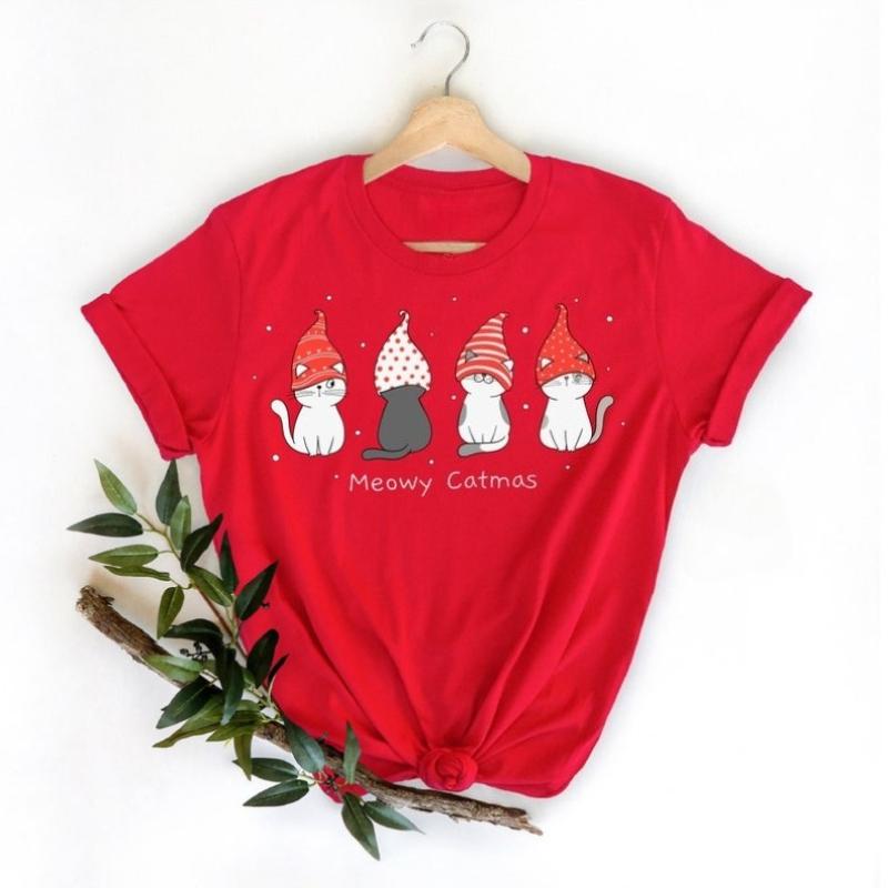 

Meowy Christmas Cat Cotton TShirt Womens Shirt Cat Lovers Gift Short Sleeve Crew Neck All Seasons Soft Comfortable Utdoors Tee S