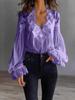 Damen Bluse mit muschelförmigem V-Ausschnitt, floraler Spitze, eingesetzten Puffärmeln, langen Ärmeln und Rüschenbündchen